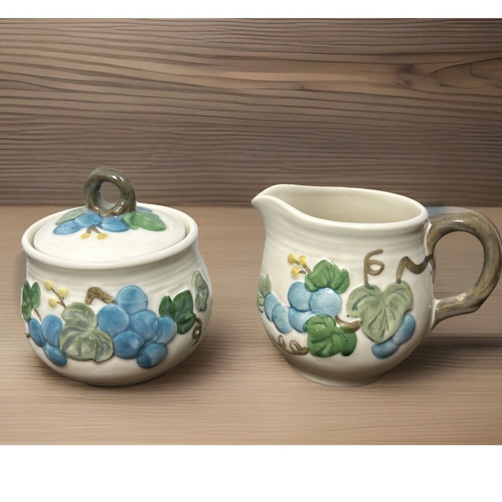 Metlox Poppy Trail Creamer + Sugar Bowl Hand Painted Blue Grapes Farmhouse '50s